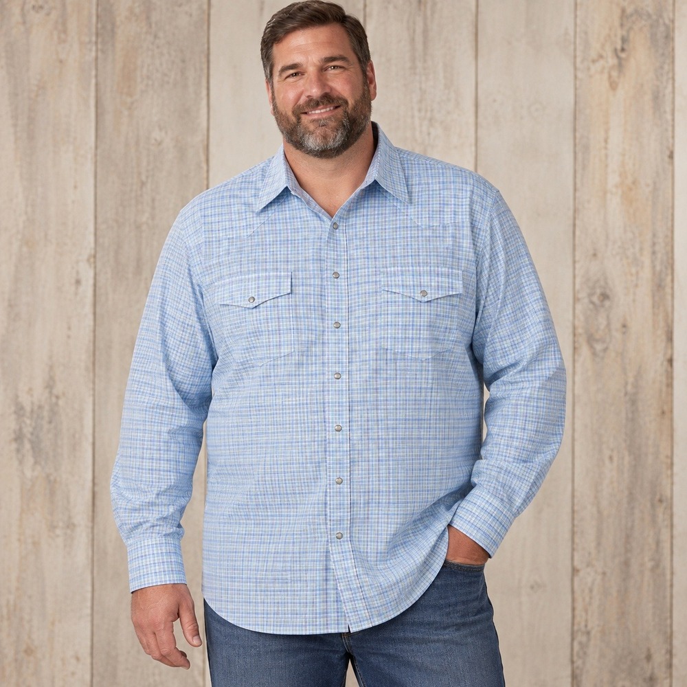 Cowboy Wrangler Western Snap Shirt Men 2XLT Blue Plaid Long Sleeve Tall workwear